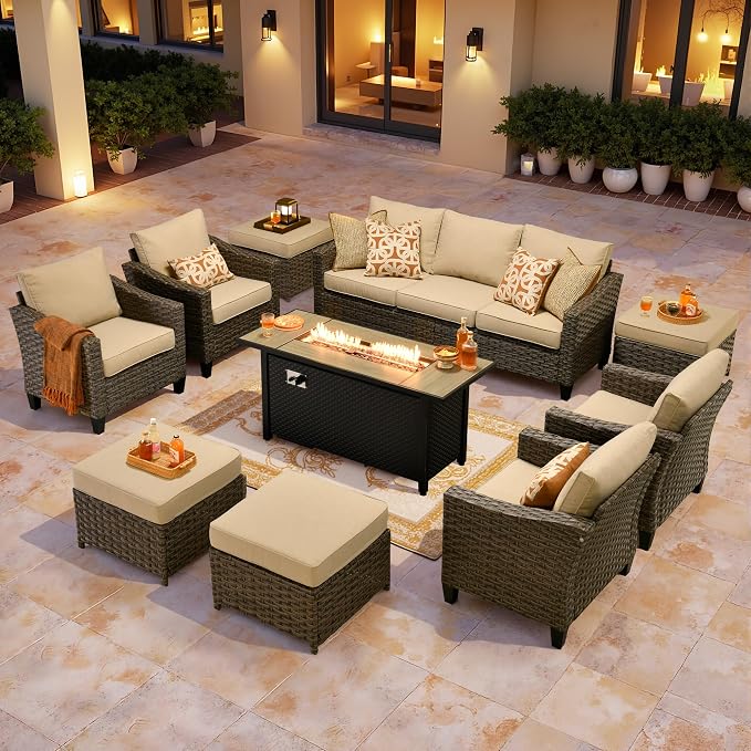 CAODOC Wicker Patio Furniture Set,8 Pieces Modern Outdoor Conversation Set Sectional Sofa with Cushion and Ottomans for Garden, Poolside, Backyard