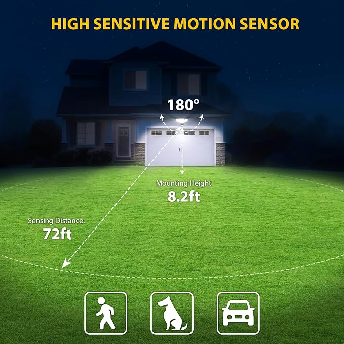 90W Motion Sensor Outdoor Lights, 10000LM LED Flood Light Outdoor with 4 Adjustable Heads, 6500K Daylight, Dusk to Dawn, IP65 Waterproof Security Light for Garage, Yard, Porch, Front Door