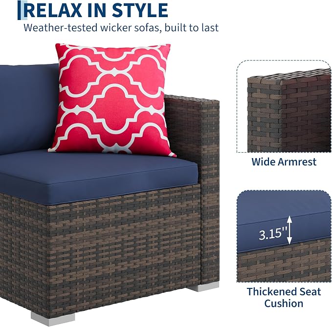 PeakPursuit Outdoor Patio Furniture Set, 5 Pieces Rattan Patio Conversation Sets with Glass Coffee Table and Cushion,All Weather Outdoor Patio Sofa for Garden, Poolside, Backyard,Blue
