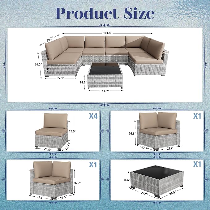 KIGOTY 7-Piece Patio Furniture Set, All-Weather PE Rattan Outdoor Sectional Sofa, Modular Wicker Conversation Set with Thick Cushions & Easy-Clean Coffee Table（Grey White/Camel）