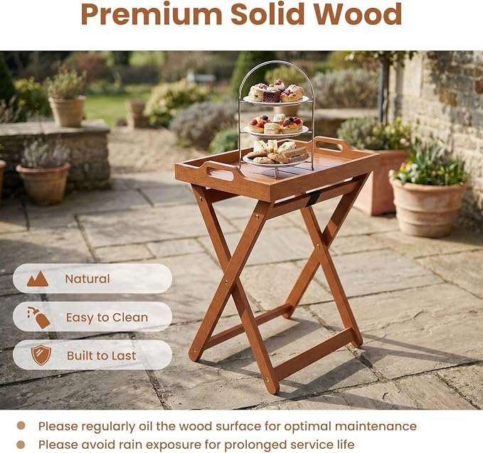 HAPPYGRILL Outdoor Wood Tray Table Folding Side Table with Removable Serving Tray, Portable Patio End Table for Porch, Garden, Backyard, Poolside (1)