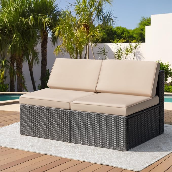 Greesum 2 Piece Patio Conversation Set Wicker Rattan Furniture Outdoor Sofa with Cushions,Pillows for Porch,Lawn and Yard, Beige