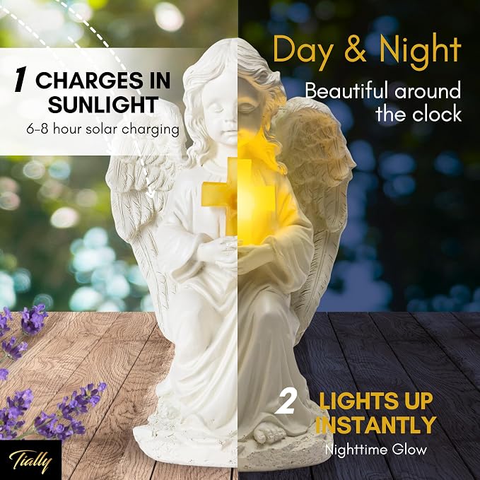 Solar Angel Garden Statue with Cross, 12" Memorial Cemetery Guardian Light | Bright all-night warm glow, true-to-size 12in, weatherproof resin built to last - not flimsy plastic; lights up every night