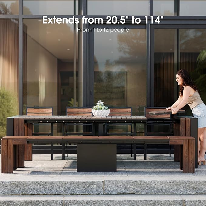 Transformer Table - Extendable Outdoor Dining Set up to 12, Expandable Patio Table, Expandable Patio Table, Weather-Resistant Wooden Outdoor Furniture, Dark Walnut, Brown (Table Only)