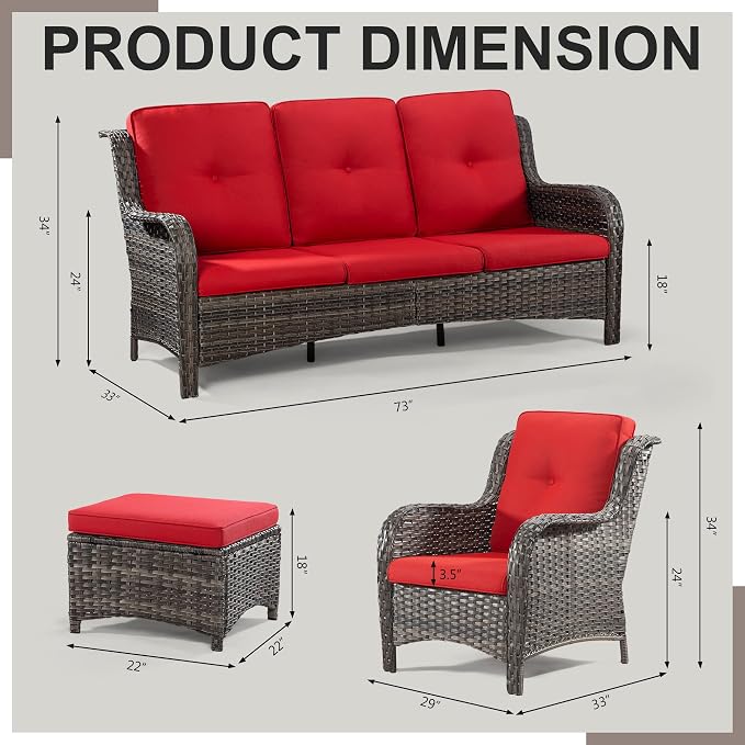 Outdoor Wicker Couch Set 6 Pieces - Outdoor Wicker Patio Furniture Set with 2 Armchairs, 2 Couch and 2 Ottomans, Olefin Cushions Included(Mixed Grey/Red)