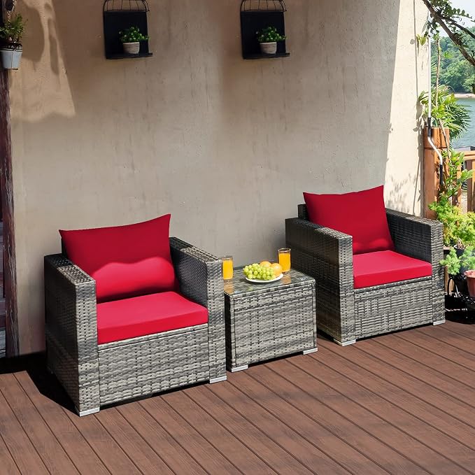 Tangkula 3 Pieces Patio Furniture Set, PE Rattan Wicker Sofa Set w/Washable Cushion and Tempered Glass Tabletop, Outdoor Conversation Furniture for Garden Poolside Backyard