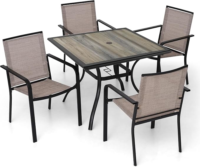 Outdoor Patio 37" PVC Square Table and BeigeGrey Stackable Chairs Set of 5 | Stackable Chairs, Square Table, Table and Chair with Metal Frame, Pvc Table Top, All Weather, Textilene fabric Seat and Back
