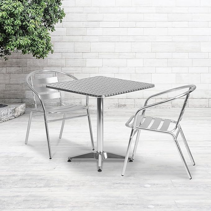 Pemberly Row Square Bistro Table, 27.5 in Aluminum and Stainless Steel, Smooth Designer Tabletop, Lightweight Indoor/Outdoor Patio Dining Table for Commercial or Residential Use