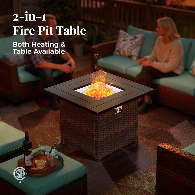 MIXPATIO Patio Furniture Set, 6 Pcs Wicker Rattan Outdoor Conversation Set, 2 x Leg Chairs, 1 x 3 Seater Sofa and 2 x Ottoman with 4" Thick Cushion and 32" Fire Pit Table, Blue