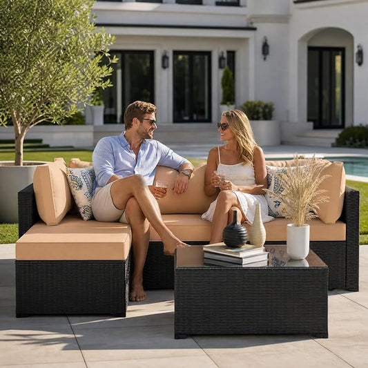 5 Piece Patio Furniture Sets, Outdoor Patio Set Sectional Sofa, All-Weather PE Rattan Couch with Cushion, Glass Table for Gatherings, Parties, Sports Viewing (Khaki, 5-Piece Set)