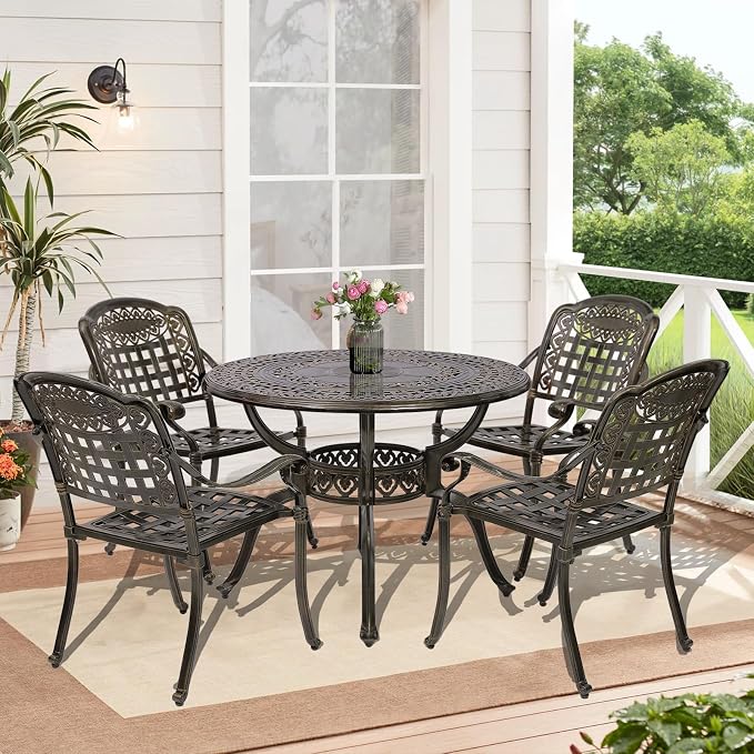 5-Piece Outdoor Patio Dining Set, All-Weather Cast Aluminum Patio Furniture Set with 4 Chairs and 38.5" Round Table for Backyard Garden Deck, 2" Umbrella Hole