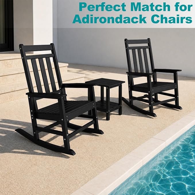Outdoor Side Table with Storage Shelf, 2-Tier Patio Side Table, HDPE All Weather Outdoor End Tables for Adirondack Chair, Small Patio End Table for Deck Backyard Porch Lawn Poolside, Black