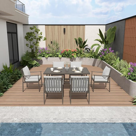 7-Piece Outdoor Dining Set for 6, Aluminum Dining Set with Cushions, 6 Dining Chairs with Rope Backrest, Large Rectangular Table with Umbrella Hole, Patio Dining Set for Lawn Porch Yard,Grey