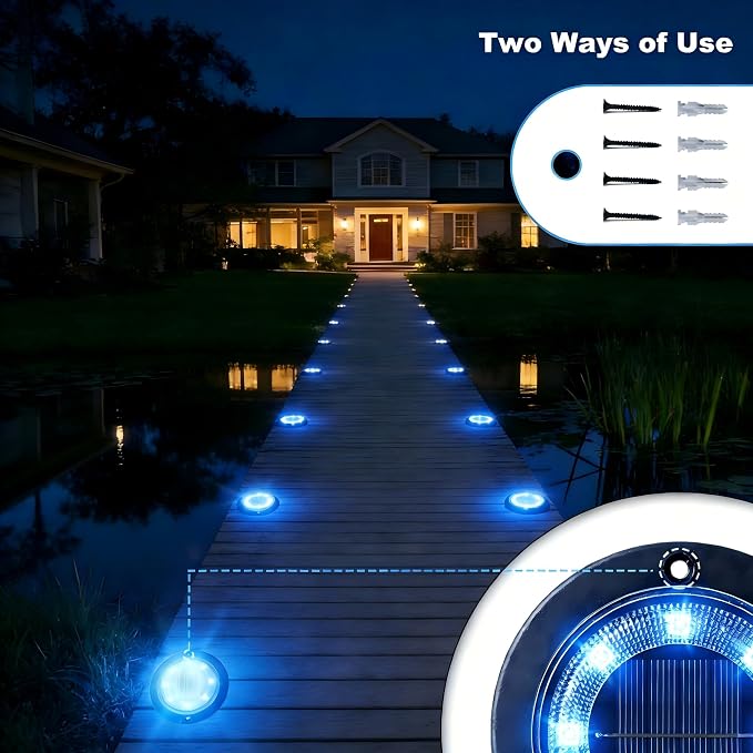 Flacchi Solar Lights Outdoor Waterproof，Blue 12 Pack 2-in-1 Ground Lights | Solar Powered Lights Outdoor Disk Light Landscape Light for Deck Step Patio Yard Pathway Walkway Driveway Garden