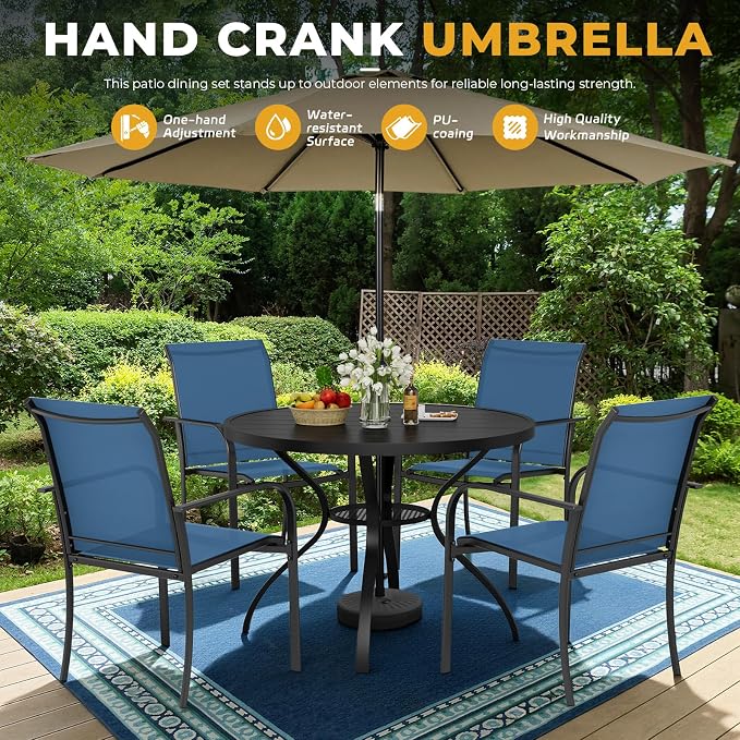 5-Piece Patio Dining Set with Umbrella,4 Person Outdoor Table and Chairs Set, 4 Metal Dining Chairs and Round Outdoor Table with 1.57" Umbrella Hole,Blue