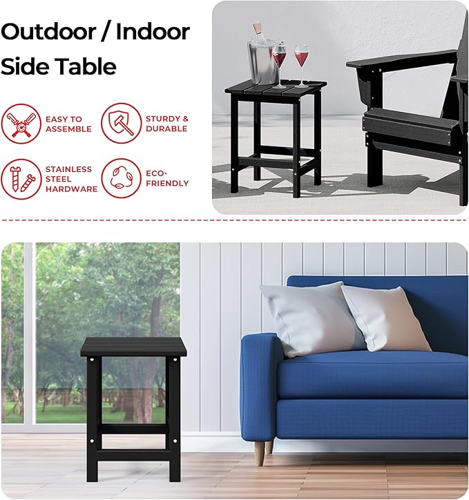 Costaelm Square Outdoor Side Tables, Adirondack Patio Tables for Outside, HDPE Patio End Table Weather Resistant, Balcony Table for Pool, Seaside, Backyard, Porch, Indoor Companion, Black