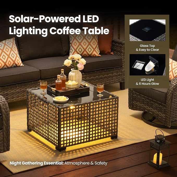 10 Piece Wicker Patio Furniture Set with Firepit, Black | High Back Swivel Rocker Chairs, 54-inch Fire Pit, Outdoor Sofa Ottoman Solar Lights Table, Conversation Sets, Deck Backyard