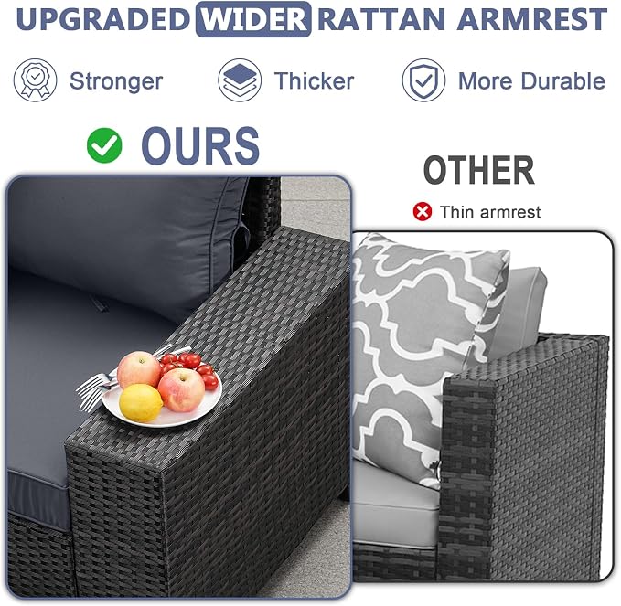JOYURE 7 Pieces Patio Furniture Set, Outdoor Sofa with Waterproof Cushions, Rattan L Shaped Patio Couch & Coffee Table, Modern Outdoor Furniture for Backyard, Deck, Balcony – Grey