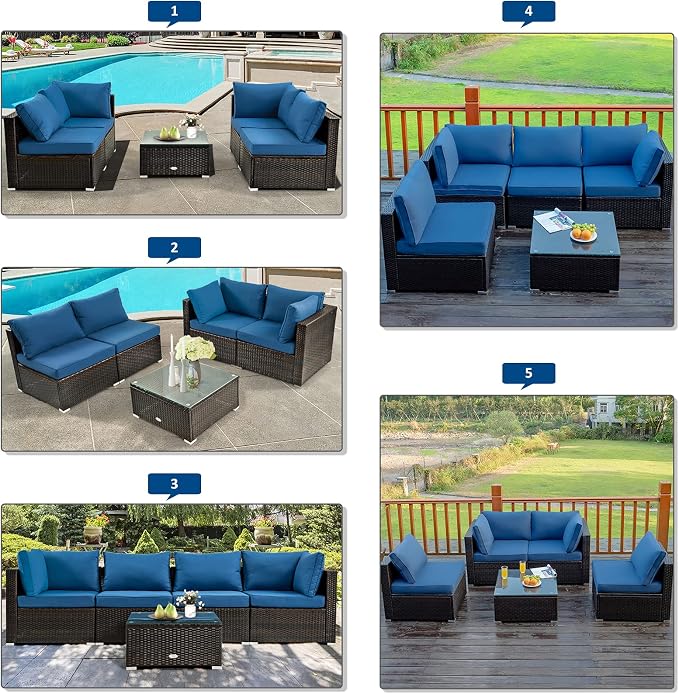 Tangkula 6 Piece Outdoor Rattan Sofa Set with 30in Propane Gas Fire Table, Ceramic Fire Tabletop, 50,000 BTU Heat Output, Cushions & Fire Pit Dust Cover, Patiojoy Weatherproof Wicker Set (Navy Blue)