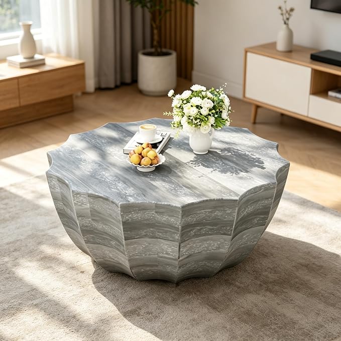 35.43" Concrete Outdoor Table,Modern Round Stone Coffee Table,Waterproof Outdoor Coffee Table for Patio for Terraces, Gardens, Backyards and Living Rooms (Marble White, 35.43")