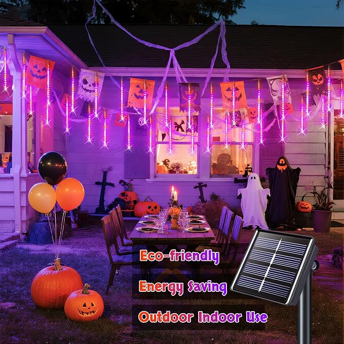 JMEXSUSS Orange and Purple Solar Halloween Lights Outdoor | 8 Tube 144 LEDs Solar Meteor Shower Rain Lights for Halloween Tree Yard Party Patio Christmas Decoration