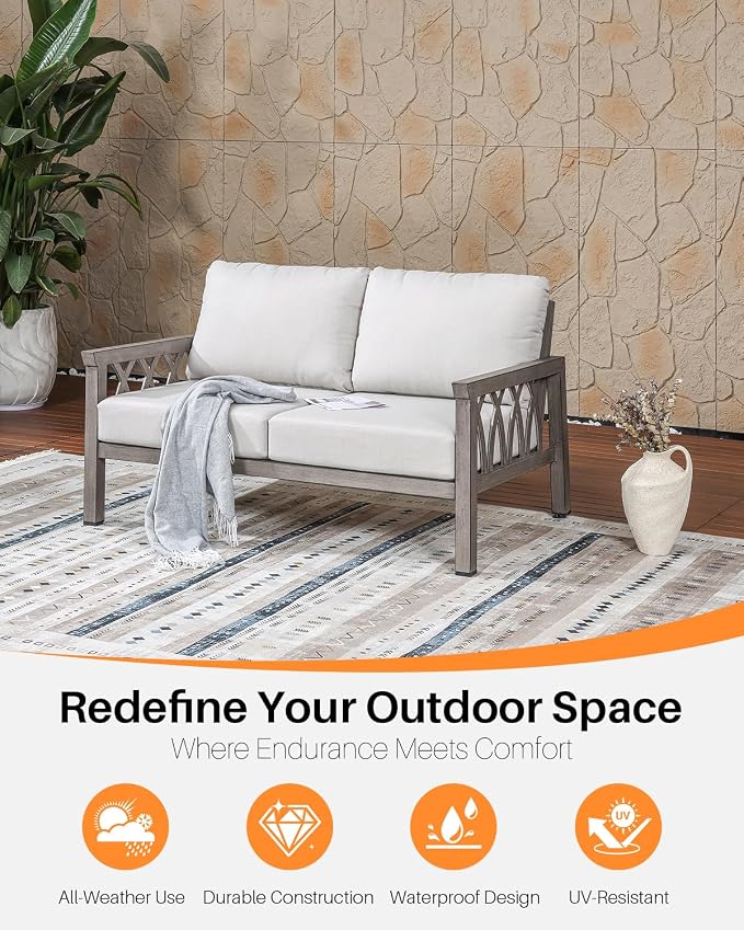 Outdoor Aluminum Loveseat Sofa, 2-Seat Patio Sofa with Thick Cushions, Outdoor Club Sofa Couch, Weather-Resistant Patio Loveseat Furniture for Porch, Garden, Balcony, Limed Oak