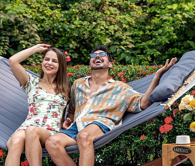 Lazy Daze Hammocks 2 Person Portable Hammock with 12FT Stand for Outside, 10.5FT Quilted Double Hammock with Spreader Bar and Detachable Pillow, 450lbs Capacity for Outdoor Patio, Grey