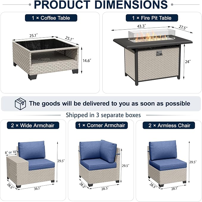 7-Piece Outdoor Patio Furniture Set with Fire Pit, Modular Sectional Sofa Set with Glass Coffee Table and Cushions, Wicker Outdoor Couch Conversation Sets, Blue