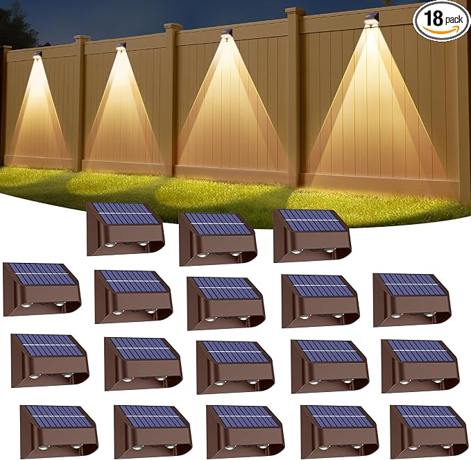 Super Long Lasting Solar Fence Lights Outdoor,Deck Lights Waterproof,Perfect for Winter and Rainy Days,Dusk to Dawn High Brightness Solar Lighting for Wall,Stair,Yard,Patio,Backyard(18 Pack,Brown)