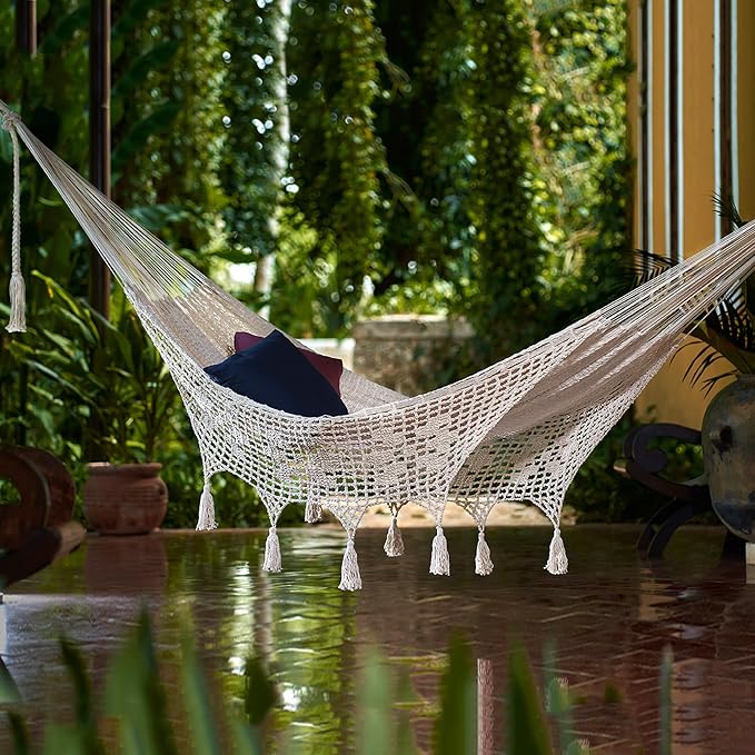 NOVICA Ivory Off White Hand Woven Cotton Mayan 2 Person XL Rope Hammock with Crochet Fringe, 'Caribbean Sands' (Double)
