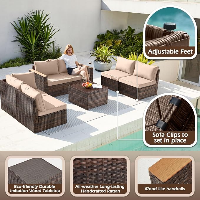Exclusive Quick Install Patio Furniture Set 7 Pieces Outdoor Patio Furniture Durable Wicker Outdoor Couch Patio Sectional Sofa Conversation Sets for Backyard & Lawn & Outside