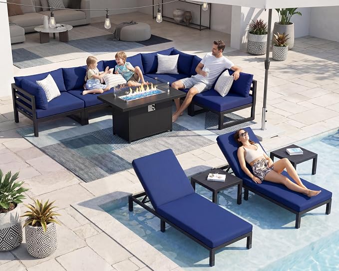 NICESOUL 11 Piece Large Modern Aluminum Patio Furniture Set, Water & Fade Resistant Modular Outdoor Conversation Set with Lounge, 500 lbs Heavy Duty Comfortable Sectional Sofa for Poolside, Navy Blue