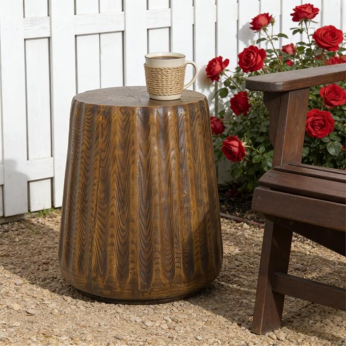 Outdoor Side Table Round Concrete Side Table Faux Marble End Tables Cement Accent Tables Patio Garden Stool Plant Stand for Porch, Backyard Balcony,11.22",Barrel, Brown