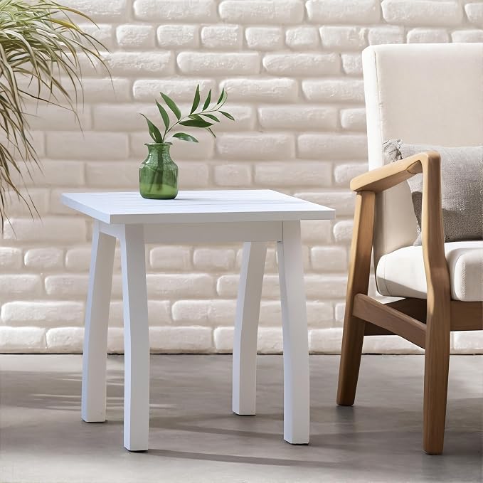 Acacia Wood Outdoor Side Table, Weather Resistant Slatted Design Patio Coffee End Table, Decorative Decorated Accent Table for Balcony Beach Poolside, Natural Stained (White PU + Acacia Wood)