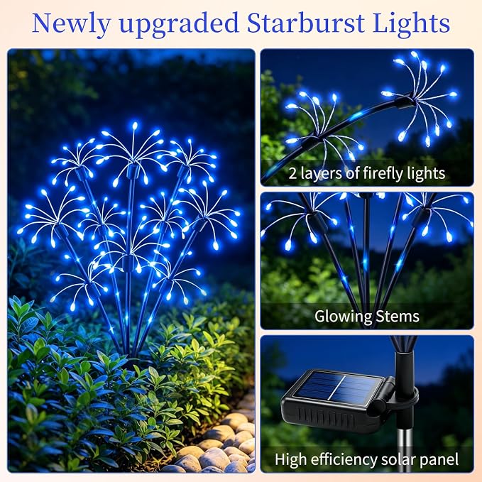 Solar Garden Lights Outdoor, 4 Pack 2-Layer Blue Fairy Firework Lights | Waterproof Starburst Flower Light, Garden Decor for Yard Patio Pathway Lawn, Unique Gifts for Women Mom Grandma Christmas