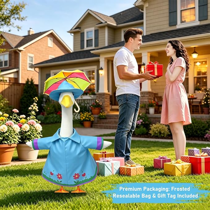 3 Pcs/Set Floral Raincoat Porch Goose Outfits: Blue Lawn Goose Statue Rain Coat Costume with Umbrella Hat - Summer Yard Goose Clothes for 23 Inch Goose Statue - Patio Garden Porch Lawn Outdoor Decor