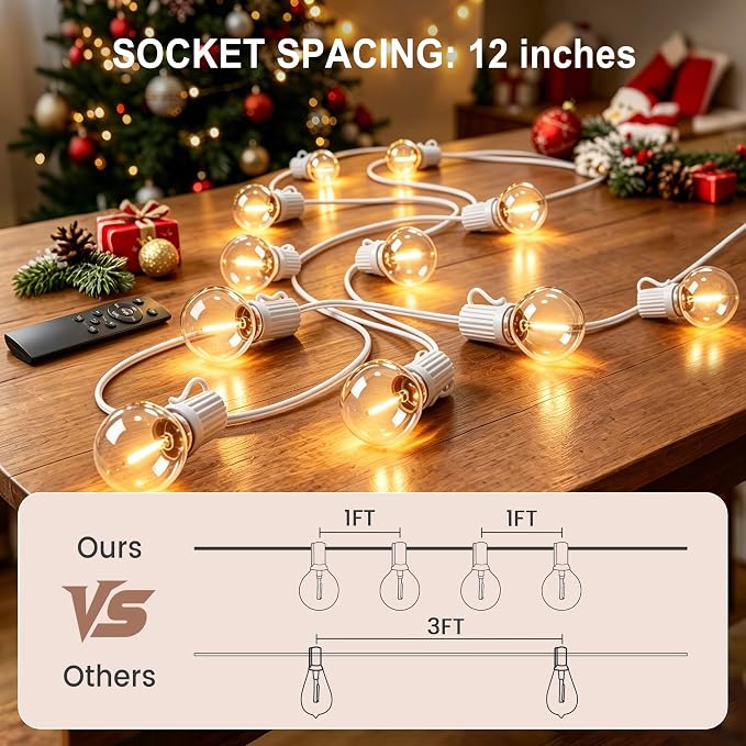 Outdoor-String-Lights with Remote 53FT Waterproof lights for Outside Patio | 12 inch Bulbs Apart,White Cord String Lights,Connectable Dimmable Patio Lights with Remote,Timer,3 Modes for Backyard, Bistro