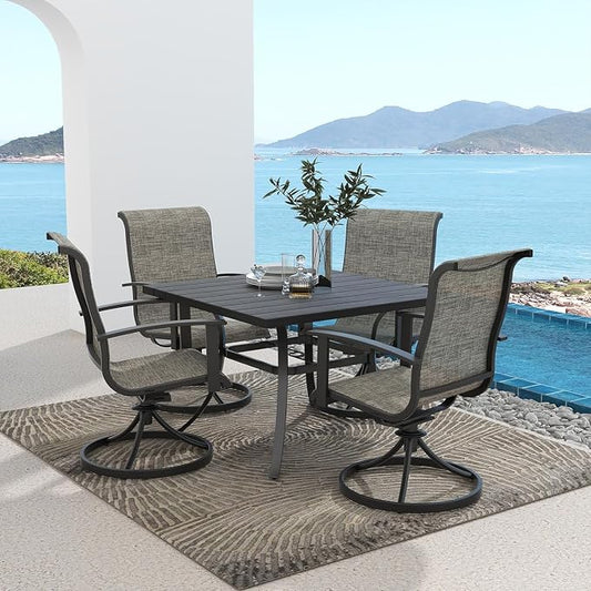 Grand patio Outdoor Dining Set of 5, Outdoor Table and Chairs Set, 4 Padded Mesh Sling Swivel Rocker Patio Chair & 36'' x36'' Square Dining Table(1.5'' Umbrella Hole), Mixed Coffee