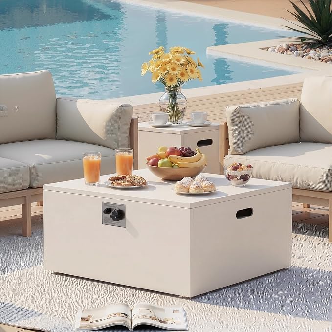 ECOTOUGE 8-Piece Half-Moon Curved Patio Furniture Set with Fire Pit Table, Wicker Rattan Sectional Sofa with Thick Cushions, Outdoor Conversation Set for Backyard Garden No Tank Cover(Blue, White)