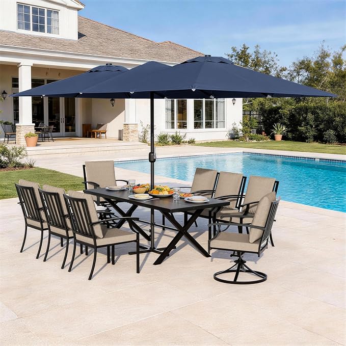 10 Piece Outdoor Dining Set for 8, Patio Table and Chairs Set with Umbrella, Metal Patio Furniture Set with 2 Swivel Chairs, Outdoor Table and Chairs with Cushions for Lawn, Garden, Yard-Sand
