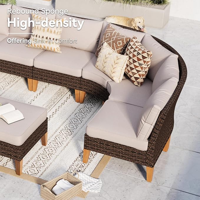 GREEN PARTY 8 Pieces Wicker Patio Furniture Set with 56" Fire Pit Table, All-Weather Outdoor Rattan Patio Half-Moon Curved Sectional Sofa Conversation Set for Garden, Backyard, 2 x Swivel Chairs