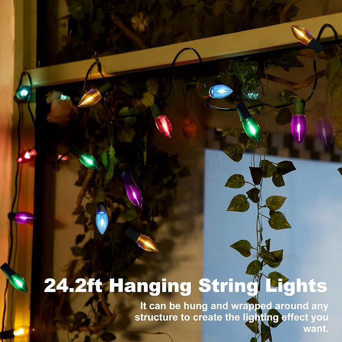 TIORIY C9 LED Christmas Pathway Lights Outdoor, 24.2ft Multicolored LED Christmas Light with Stakes, Connectable 30 Sets Xmas Decoration Light Outside, Walkway String Light