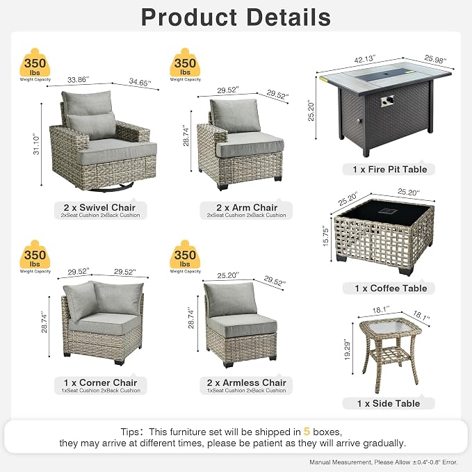Weaxty 10 Pieces Outdoor Patio Furniture Set with Swivel Rocking Chair, Outdoor Sectional Sofa Couch Wicker Modular Patio Conversation Set w/42 Fire Pit and Coffee Side Table,Dark Gray