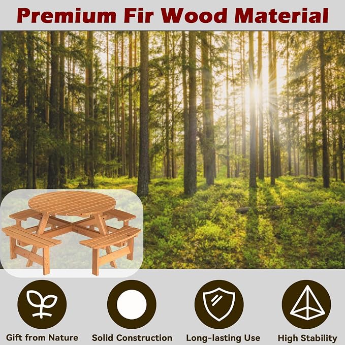 HAPPYGRILL 8-Person Wood Picnic Table Bench Set, Round Camping Table w/Umbrella Hole, Circular Outdoor Table w/4 Built-in Curved Benches, for Patio, Garden, Backyard, Porch (Yellow)