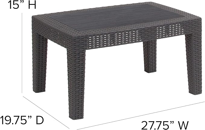 Merrick Lane Malmok Outdoor Furniture Patio Table - Dark Gray Faux Rattan Wicker Pattern Coffee Table - All-Weather Use - Wood Plank Top Design