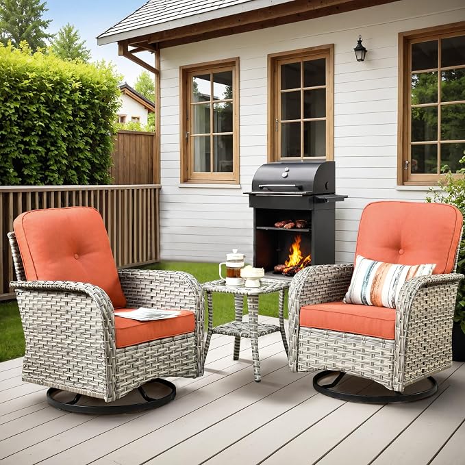 Outdoor Swivel Rocker Patio Chairs,Wicker Glider Swivel Rocking Chair Set of 2,Patio Rocking Swivel Chair Set with Rattan Side Table,Bold Red
