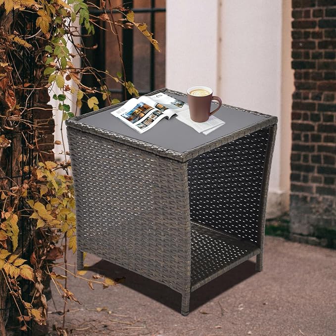Patio Wicker Storage Side Table,Outdoor PE Rattan Woven Coffee End Table with Tempered Glass Top for Indoor Outdoor Porch Lawn Poolside Garden Backyard Balcony(Dark Blonde)