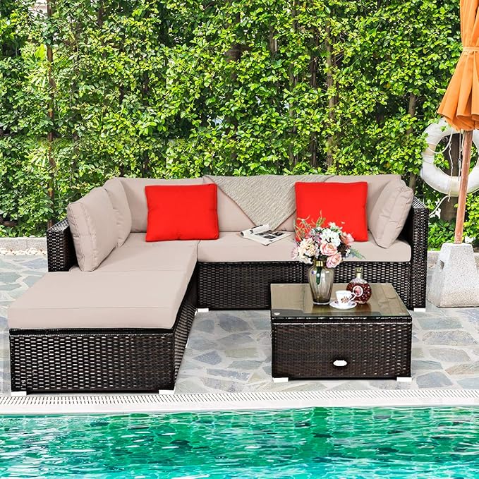 RELAX4LIFE 6-Piece Patio Sofa Set - Outdoor Sectional Sofa Set Wicker Conversation Set w/Table & Removable Cushions, Modular Sofa Set Patio Furniture for Backyard, Poolside, Balcony (Beige)