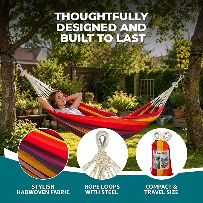 Bliss Hammocks 40" W Single Outdoor Hammock with Hand-Woven Rope Loops & Tree Straps, Patio, Durable, Cotton/Polyester, 220 Lbs Capacity, Tropical Stripe