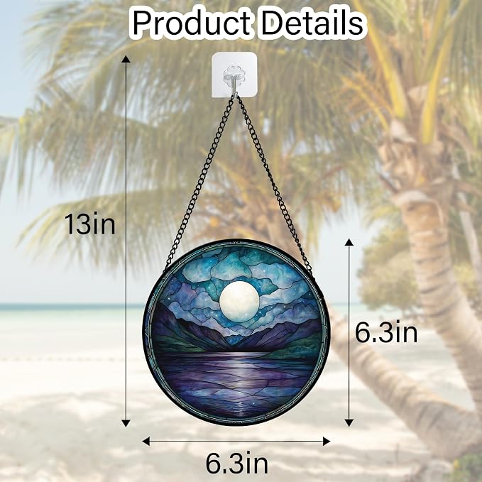 DASTOLL Stained Glass Window Hanging, Blue Night Moon Lake Sun Catchers Colorful Glass Panel Landscape Suncatcher Decor for Birthday for Women, Men, Wife, Aunt, and Mom 7.8 in